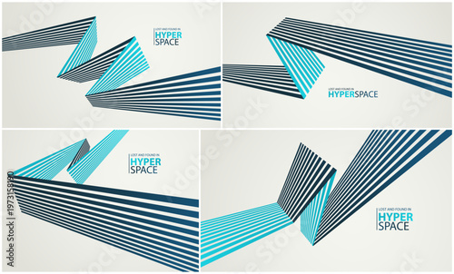 Lines in space perspective vector abstract background set, optical illusion surreal art, aggressive shapes and speed feeling, dynamic forceful motion, op art.