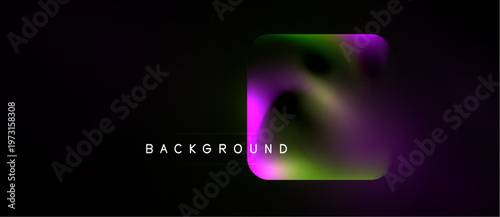 Dark backdrop features vibrant, blurred square. Colors blendpurple, green, yellow. Text reads BACKGROUND below shape. Minimalist design.