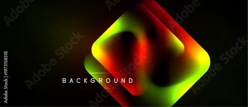 Abstract geometric shape. Vibrant colors blend, creating dynamic visual effect. Dark background emphasizes glowing form. Modern design element.