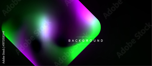 Abstract gradients blend vibrant green, magenta hues. Dark background emphasizes glowing shapes, modern design element.