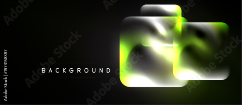 Abstract neon squares overlap, creating vibrant glow. Dark background emphasizes luminous shapes, modern design element.
