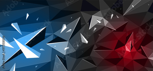 Dark polygonal vector abstract background with color spotlights, low poly surface with explosion of flying debris particles, 3D dynamism broken structure, motion force elements.