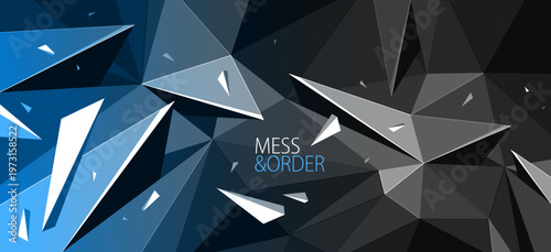 3D polygonal vector abstract background with dynamic particles in motion, abstract mess and chaos of low poly debris elements, facet broken structure.