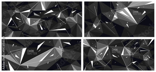 Dark low poly vector abstract background set, black monochrome greyscale polygonal abstraction with decay motion of flying particles, 3D dynamic art.