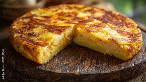 Classic tortilla espanola served on wooden table with rich colors and textures