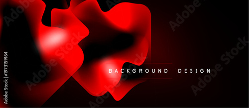 Abstract red shapes overlap black background. Modern design features fluid forms, gradients, text elements. Minimalist aesthetic.