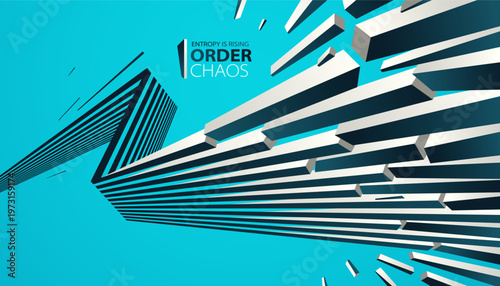 Entropy concept vector abstract background with debris flying in chaos, destruction theme wallpaper, exploded pieces disorder 3D design