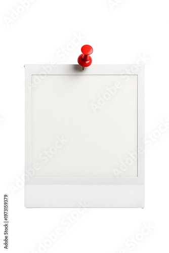 A white instant photo with a red push pin isolated on transparent background