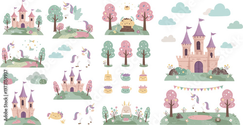 Whimsical fairy tale castle scene with various trees and buildings in pastel colors and soft illustrations