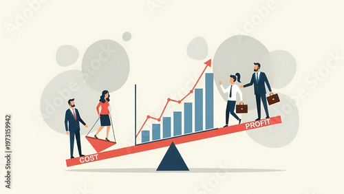 Business people balancing cost and profit on a seesaw with a growing graph its only illustration