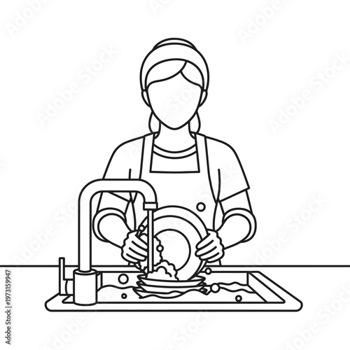 Woman washing dishes at kitchen sink, domestic chores, illustration