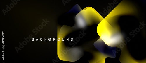 Abstract fluid shapes overlap, creating vibrant yellow, blue gradients. Dark background emphasizes dynamic composition, modern design elements.