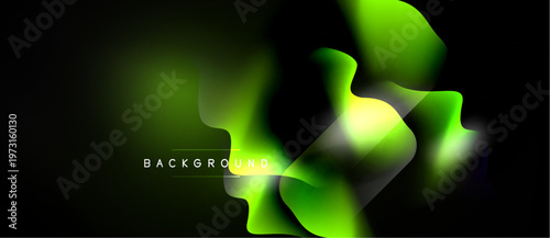 Abstract fluid shapes, vibrant green hues, dark background. Modern design element, dynamic composition, smooth gradients present.