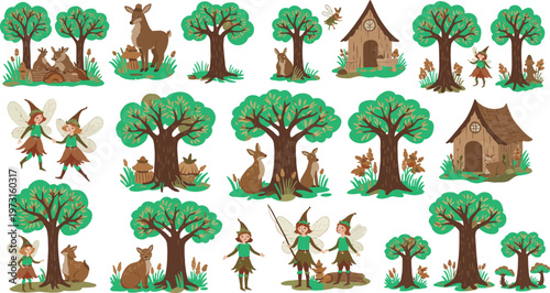 Whimsical forest scene with fairies trees animals and houses in a fantasy setting with green foliage