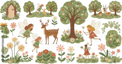 Whimsical forest scene with animals and plants in a fairy tale setting with trees and flowers everywhere outside