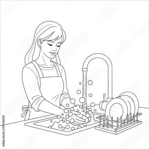 Woman washing dishes at kitchen sink, line art illustration