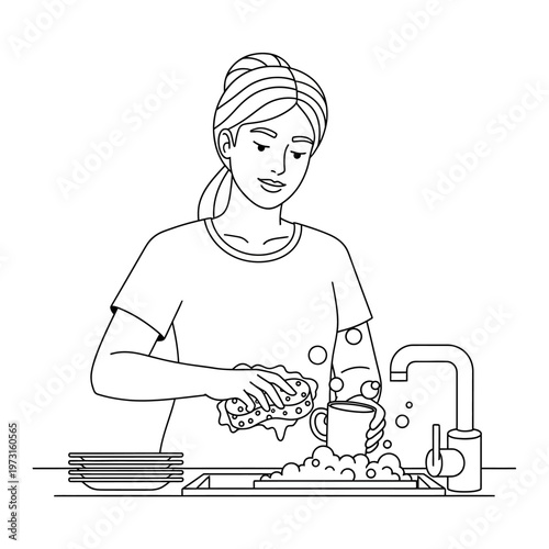 Woman washing dishes by hand in kitchen sink with running water and soap bubbles, clean house