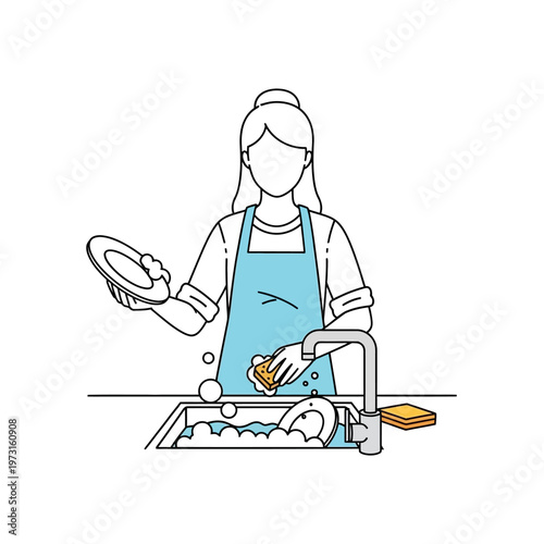 Woman washing dishes in kitchen sink, domestic chores, cleaning routine, illustration