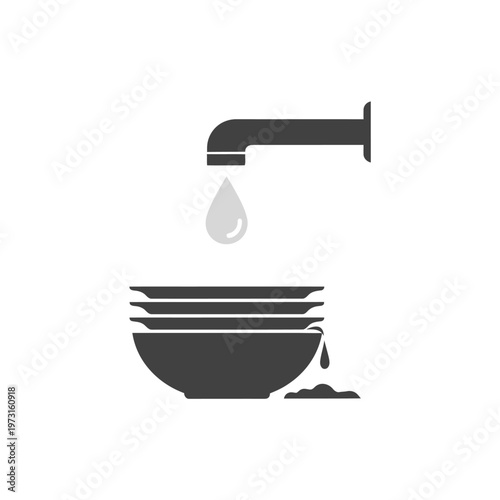 Washing dishes icon: faucet dripping water onto stacked plates and bowl, domestic chore illustration