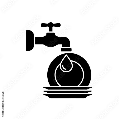 Washing Dishes Icon: Faucet Pouring Water Onto Stacked Plates