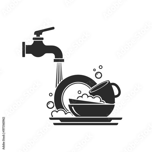 Washing Dishes Icon: Faucet, Plates, Cups, Bubbles, Sink - Black and White Vector
