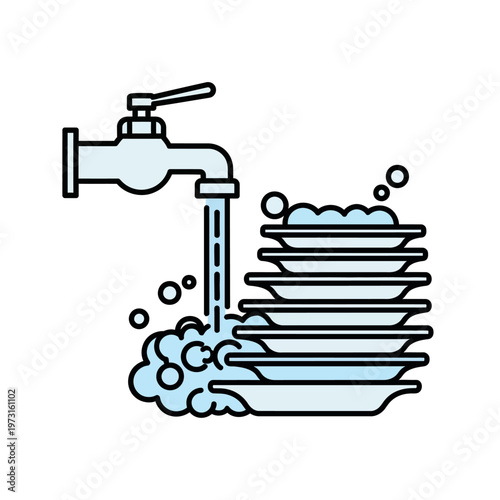 Washing Dishes Icon: Running Water Faucet & Stacked Plates with Suds