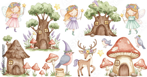 Whimsical illustration of fairy tale forest with magical creatures and tree houses in a fantasy setting