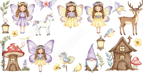 Whimsical illustration of fairies butterflies deer and mushrooms in a fantastical forest setting with flowers and lanterns