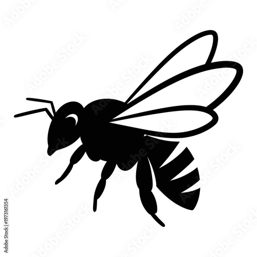 A sleek and minimalist black silhouette of a honeybee in dynamic flight, an emblem representing pollination, industriousness, and the essential role of nature's smallest workers in our ecosystem