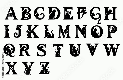 Cat alphabet vector font. Black feline silhouettes integrated into capital letters A-Z. Elegant, minimalist typography for pet lovers, animal branding, and creative logos. Isolated on white.
