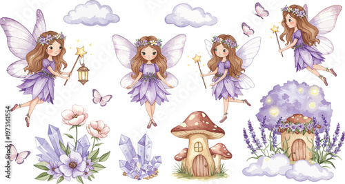 Whimsical illustration of fairies and fantasy elements in a dreamy garden scene with flowers and mushrooms