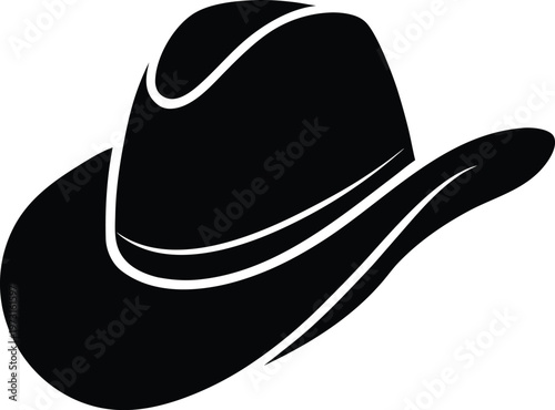 Black silhouette of a classic cowboy hat with a wide brim and a creased crown isolated on white. Vector, illustration