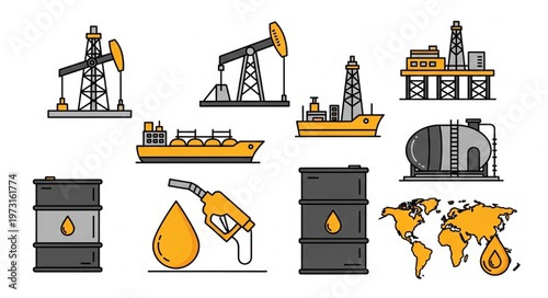 Oil Industry Icons - Rigs, Tankers, Barrels, and Global Distribution.