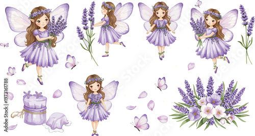 Whimsical illustration of fairies and lavender flowers in a fantasy garden setting with butterflies and hummingbirds flying