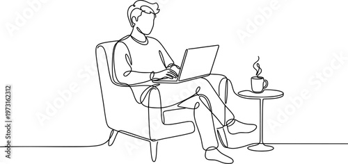 Minimalist One Line Drawing of Remote Worker with Laptop - Flexible Work and Freelance Lifestyle Concept