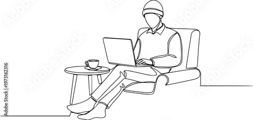 Minimalist One Line Drawing of Remote Worker with Laptop - Flexible Work and Freelance Lifestyle Concept