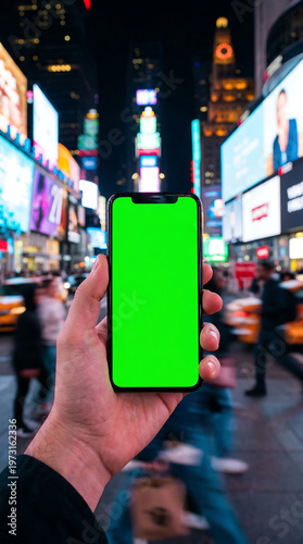 Green Screen Mobile Phone Mockup in Neon Lit Times Square New York