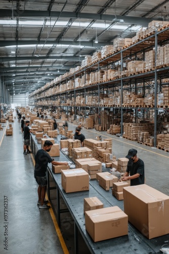 Rows of Storage Racks Filled With Cardboard Boxes in a Busy Distribution Warehouse with Workers Packaging Orders