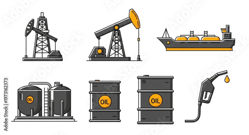 Oil Industry Elements - Pumpjacks, Tanker, Storage Tanks, Barrels, and Fuel Nozzle.