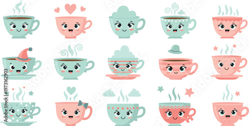 Set of Cute Cartoon Tea Cups with Faces, Steam, and Emotions in Kawaii Style for Coffee and Beverage Illustrations