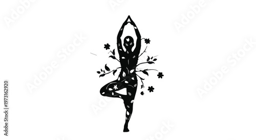 Graceful silhouette of a person in tree pose, adorned with delicate floral patterns, symbolizing balance and nature connection.