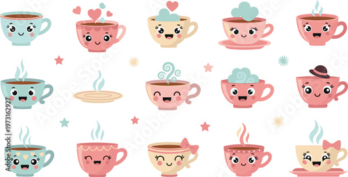 Set of Cute Kawaii Coffee and Tea Cups with Expressions, Steam, and Emotions in Adorable Cartoon Beverage Style