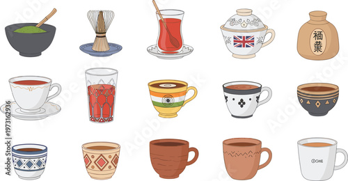 Set of Traditional Tea and Coffee Cups from Around the World Including Turkish Tea, Matcha, Indian, and Cultural Beverage Styles