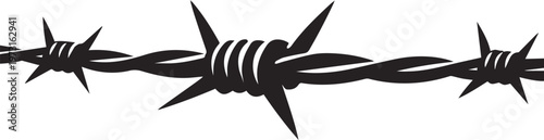 Black and white illustration of a sharp barbed wire fence isolated on a white background. Vector, illustration