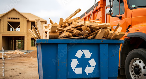 construction site waste recycling bin | sustainable building debris management | residential house framing wood scraps | orange dump truck on construction site | eco friendly construction practices