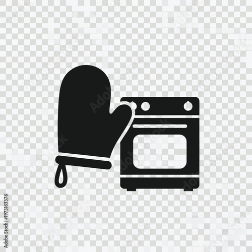 Kitchen Tools Illustration: A minimalist, black-and-white illustration of an oven and oven mitt. Designed to capture the essence of home cooking