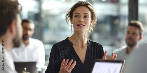 Group of business professionals in modern boardroom meeting, female team leader standing and presenting ideas on whiteboard.