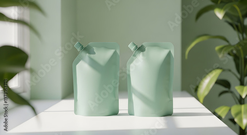Eco-friendly refill pouch mockup | Minimalist cosmetic packaging design | Sustainable spout pouch for liquid soap | Aesthetic green product mockup with plant