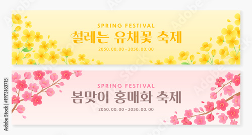 Set of two spring festival horizontal banners featuring yellow canola flowers and pink plum blossoms. (Translation: canola flower festival, plum blossoms festival)