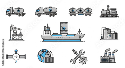 Oil and Gas Industry Icons - Transportation, Extraction, and Processing.
